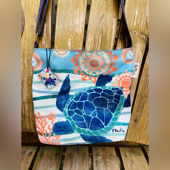 Guy Harvey Blue Sea Turtle Crossbody Bag - Cotton Canvas Shoulder Bag With Interior Pocket - View #7